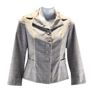 Rebecca‎ Taylor 4 Houndstooth Plaid Gray Yellow Long Sleeve Jacket Blazer Lined